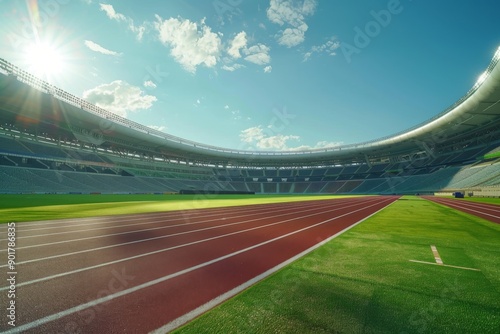 A state-of-the-art stadium, perfectly maintained and radiating a sense of excitement and anticipation. The sun sets behind the stadium, casting a warm golden glow over the entire scene.