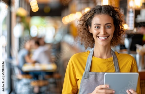 Smiling Waitress Using Tablet in Cafe