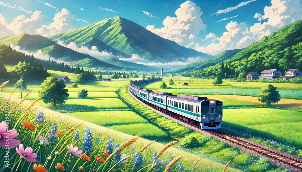 Fototapeta premium A scenic train ride through lush landscapes, showcasing mountains, vibrant flowers, and a bright blue sky.