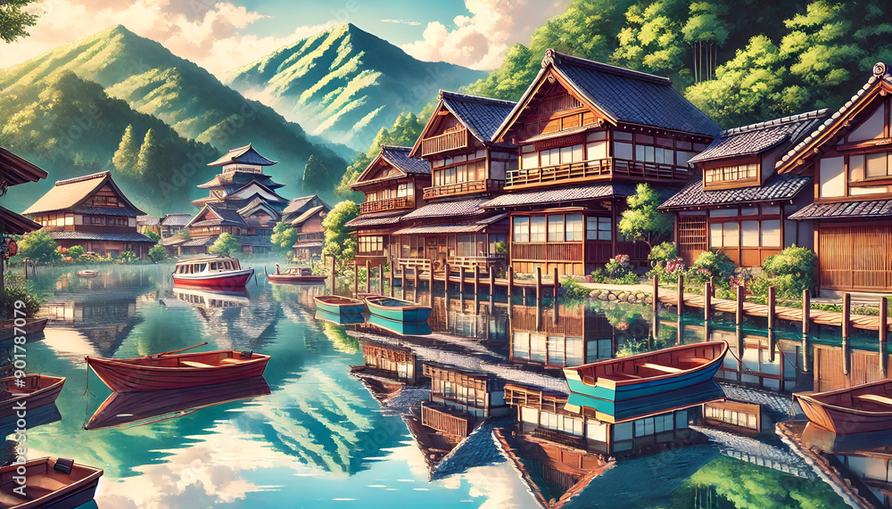 Fototapeta premium A serene landscape featuring traditional wooden houses by a calm lake, surrounded by majestic mountains and lush greenery.