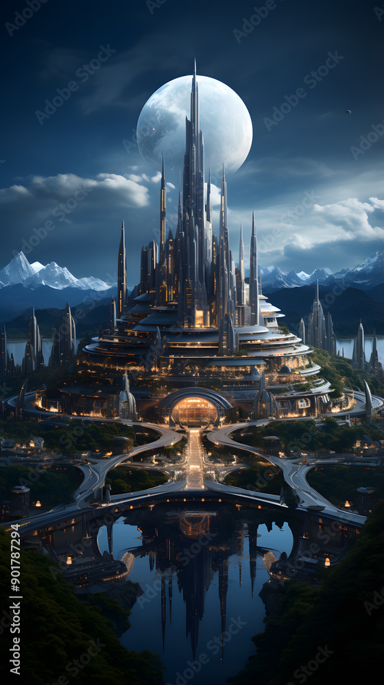 A futuristic city with a large central tower, surrounded by water and mountains, under a large moon. A futuristic city with a large central tower, surrounded by water and mountains, under a large moon.