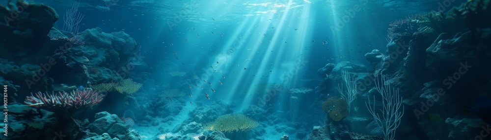Naklejka premium Sunlight beams penetrate through blue ocean water, illuminating a vibrant underwater scene with coral reefs and marine life.