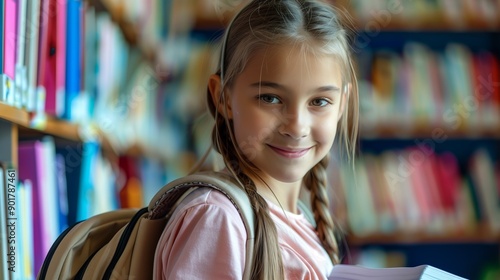 Portrait of a schoolgirl girl with a brown briefcase over her shoulders. A satisfied girl looks at the camera with a smile against a blurred background where books can be seen on the shelves. photo