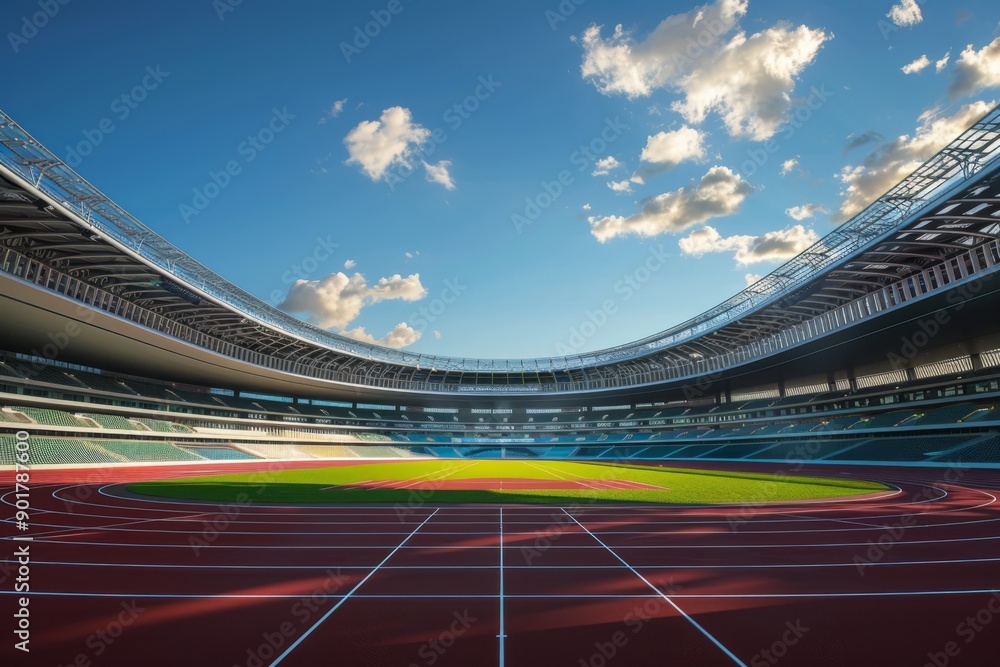 A stunning, empty stadium showcasing its sleek design and vibrant colors, highlighting its impressive architecture. The bright sunlight casts a warm glow on the stadium's modern facilities. A stunning, empty stadium showcasing its sleek design and vibrant colors, highlighting its impressive architecture. The bright sunlight casts a warm glow on the stadium's modern facilities.