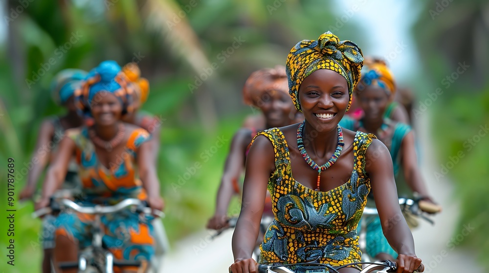 Group of African women on bicycles exploring the coastal regions of Mozambique Group of African women on bicycles exploring the coastal regions of Mozambique