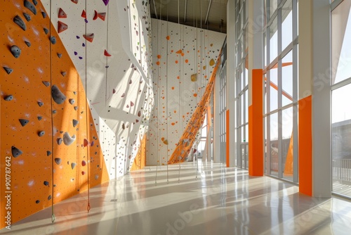 A state-of-the-art climbing wall within the complex, featuring vibrant colors and sleek design. The wall is adorned with holds and routes for climbers of all levels. photo