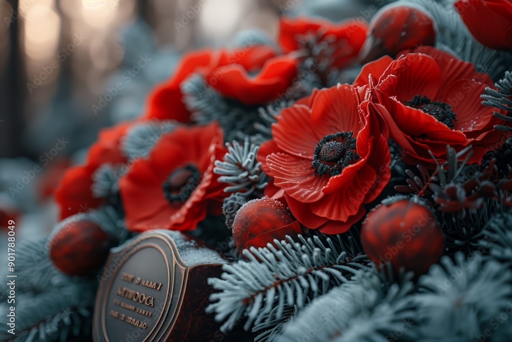 Naklejka premium Beautiful Red Poppies Adorning a Winter Burial Site Surrounded by Evergreen Foliage at Dusk