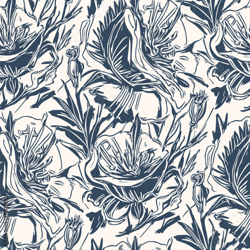 Black and white seamless pattern with flowers. Vector illustration