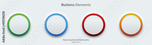 A set of white blank round buttons with light neon colorful. 3D Neumorphism buttons design style for Apps, Websites, Interfaces, and mobile apps. UI UX. Vector illustration.