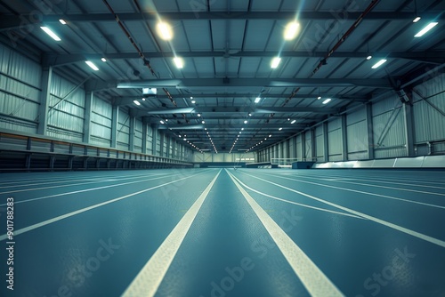 A brightly lit and immaculate track and field facility, perfect for any sporting event.