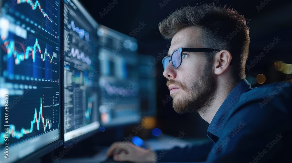 A focused young man wearing glasses analyzes data on multiple computer screens. He is working late at night in a dimly lit room. A focused young man wearing glasses analyzes data on multiple computer screens. He is working late at night in a dimly lit room.