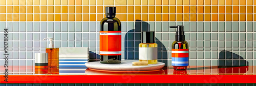 Wallpaper Mural Ein Mockup Set von Kosmetikprodukten präsentiert in einer eleganten und minimalistischen Weise. Es gibt mehrere Flaschen und Tuben auf einer glatten, reflektierenden Oberfläche.  Torontodigital.ca