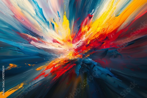 A dynamic abstract painting capturing a burst of energy, with swirling shapes and vibrant colors. The artwork conveys a sense of movement and power.