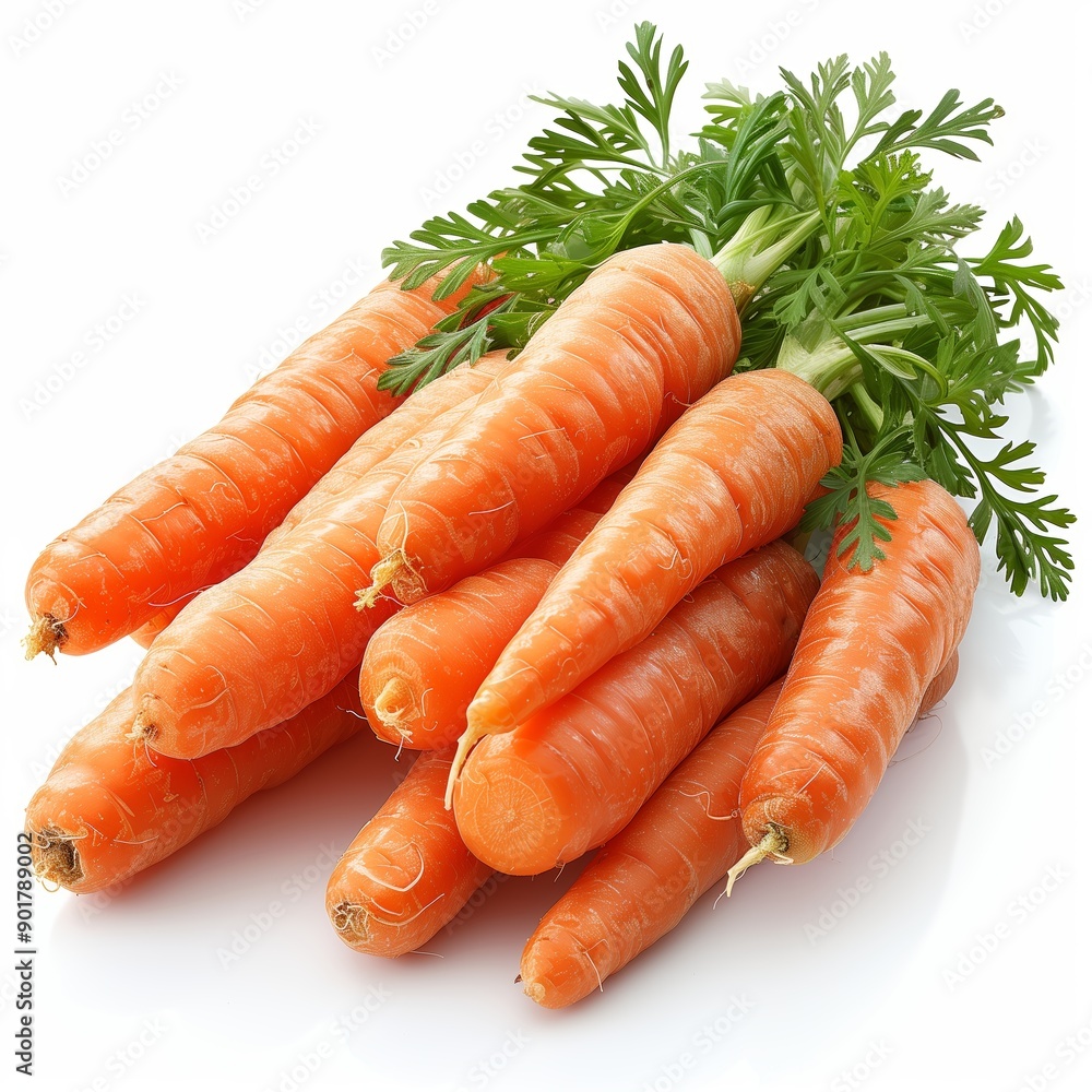 A Bunch of Fresh Carrots With Green Tops on a White Background A Bunch of Fresh Carrots With Green Tops on a White Background