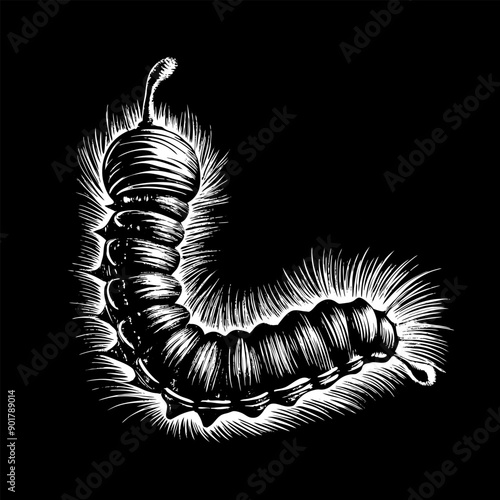 a black and white image of a caterpillar