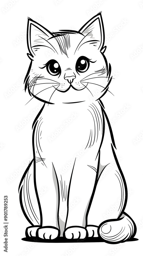 a very simplified drawing of a cute cat, black and white, line drawing, outline image on white background a very simplified drawing of a cute cat, black and white, line drawing, outline image on white background