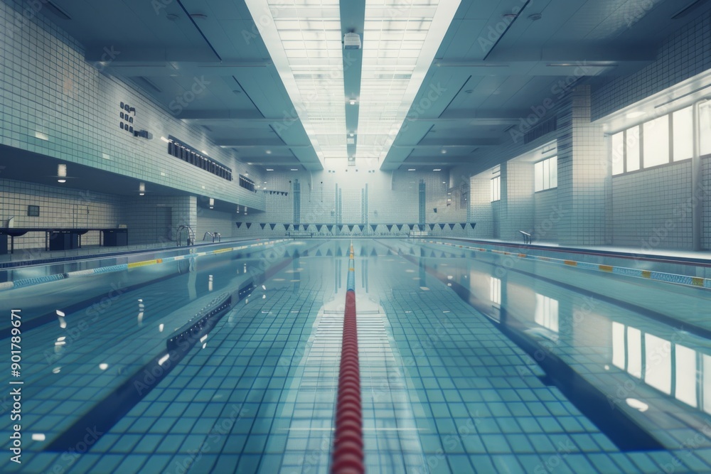 A pristine sized swimming pool stands empty, reflecting the calm morning atmosphere. The water's surface is perfectly still, inviting athletes to dive in. A pristine sized swimming pool stands empty, reflecting the calm morning atmosphere. The water's surface is perfectly still, inviting athletes to dive in.