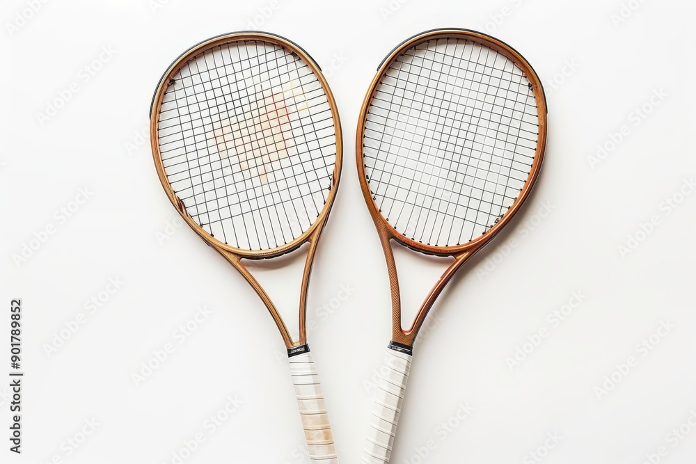 Two plain tennis rackets standing upright, devoid of any logos or designs, against a clean white background. The focus is on the simplicity and minimalism of the rackets. Two plain tennis rackets standing upright, devoid of any logos or designs, against a clean white background. The focus is on the simplicity and minimalism of the rackets.