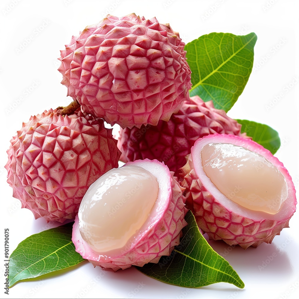 Freshly Picked Lychee Fruit With White Flesh and Green Leaves Freshly Picked Lychee Fruit With White Flesh and Green Leaves