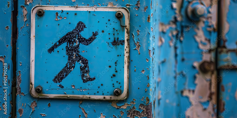 A vivid blue sign with a picture of a person falling warns of a slippery surface, preventing injuries A vivid blue sign with a picture of a person falling warns of a slippery surface, preventing injuries