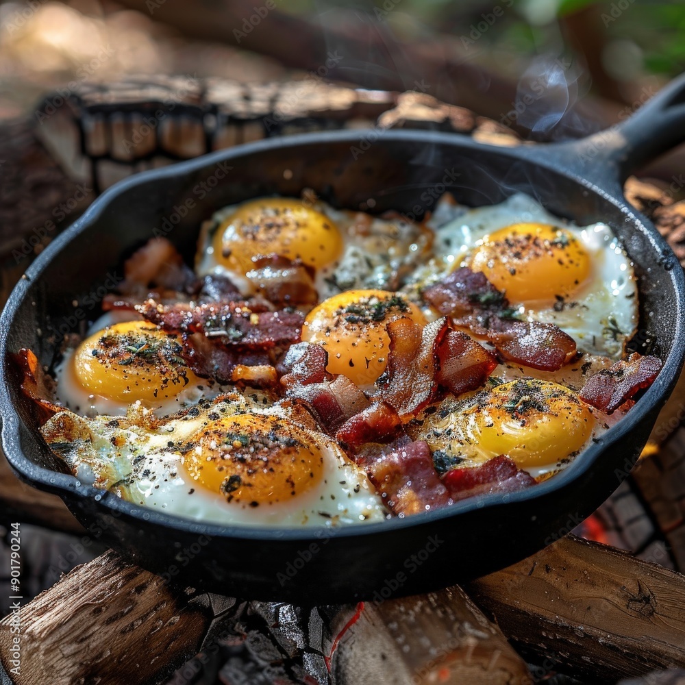 Delicious Sunny Side Up Eggs With Crispy Bacon in a Cast Iron Pan