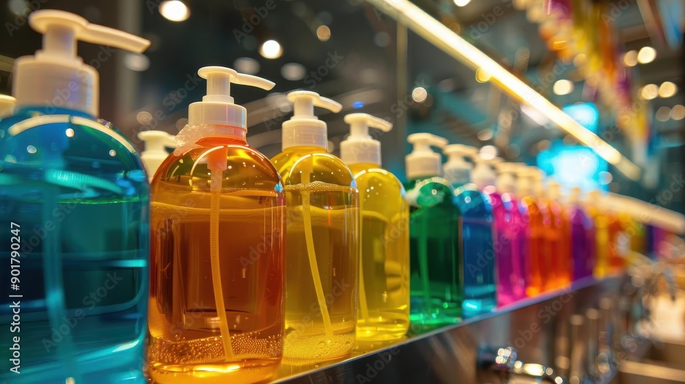 A row of colorful liquid soap bottles with pump dispensers on a shelf in a store. A row of colorful liquid soap bottles with pump dispensers on a shelf in a store.