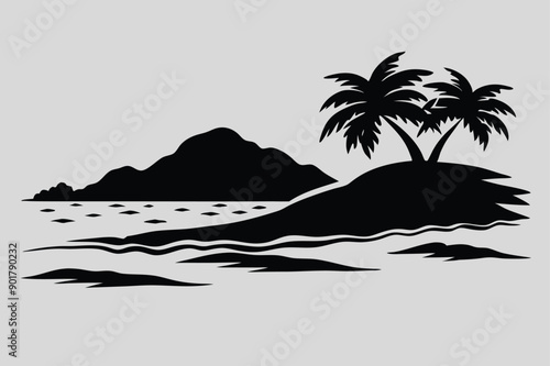Sandy Shores Vector Beach Landscape Silhouette Design – Printable Graphics