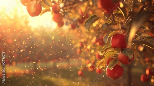 Close-up of ripe red apples on a tree branch, bathed in warm golden sunlight.