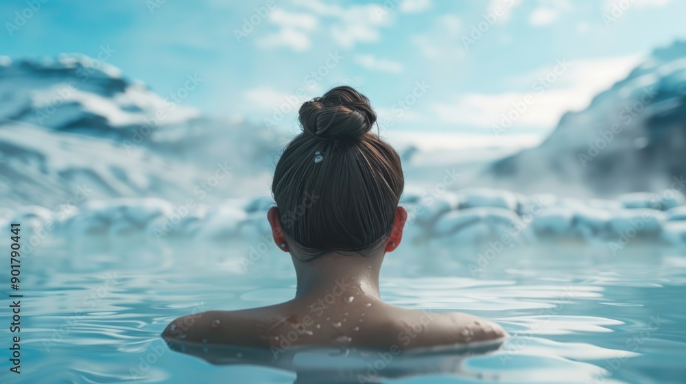 Serene Woman Enjoying Geothermal Spa in Icy Landscape Serene Woman Enjoying Geothermal Spa in Icy Landscape