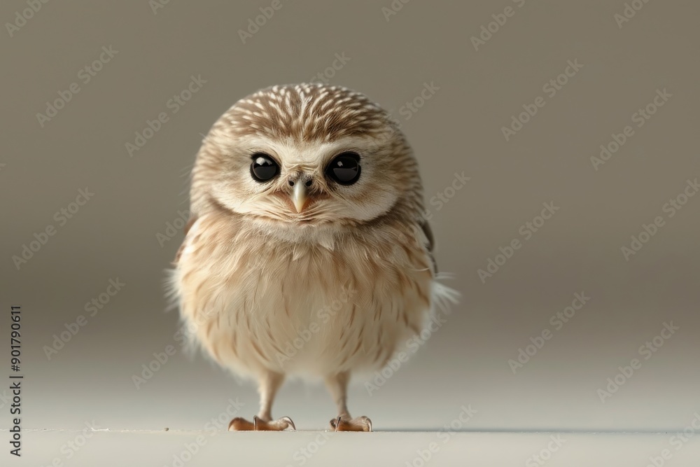 A small, fluffy owl with large, dark eyes stares directly at the camera A small, fluffy owl with large, dark eyes stares directly at the camera