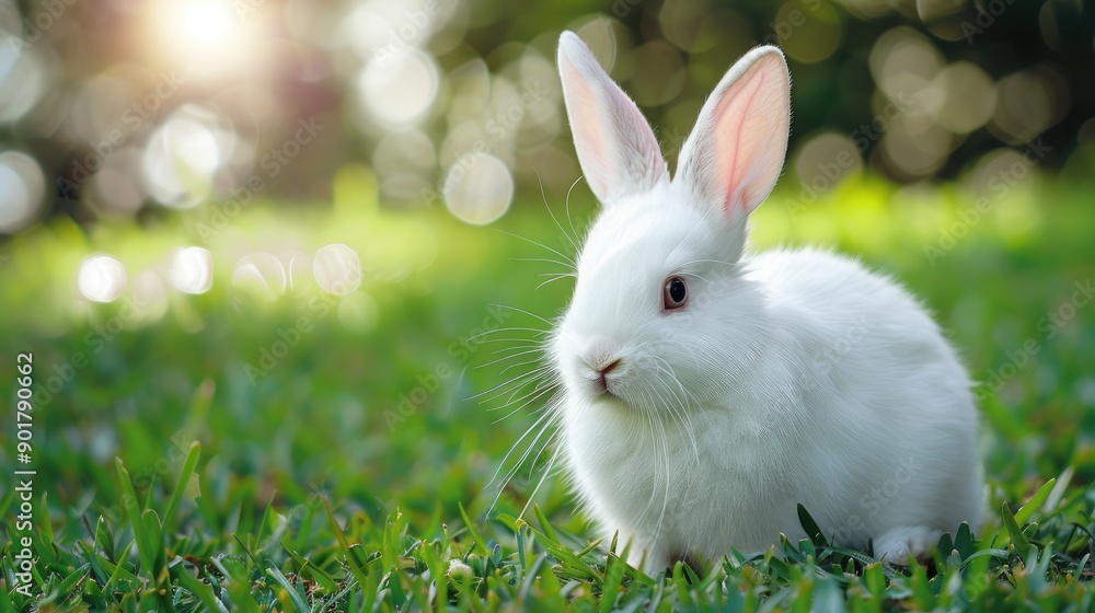 Gorgeous white rabbit on the grass in New Zealand Gorgeous white rabbit on the grass in New Zealand