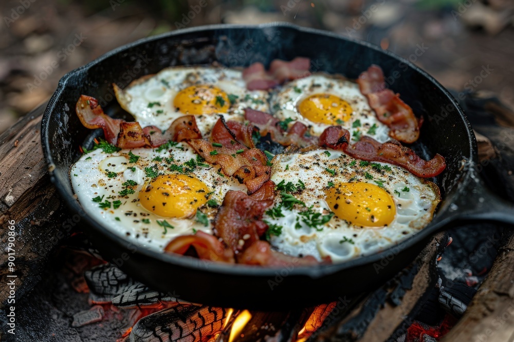 Sunny Side Up Eggs and Bacon in Cast Iron Pan Over Campfire Sunny Side Up Eggs and Bacon in Cast Iron Pan Over Campfire