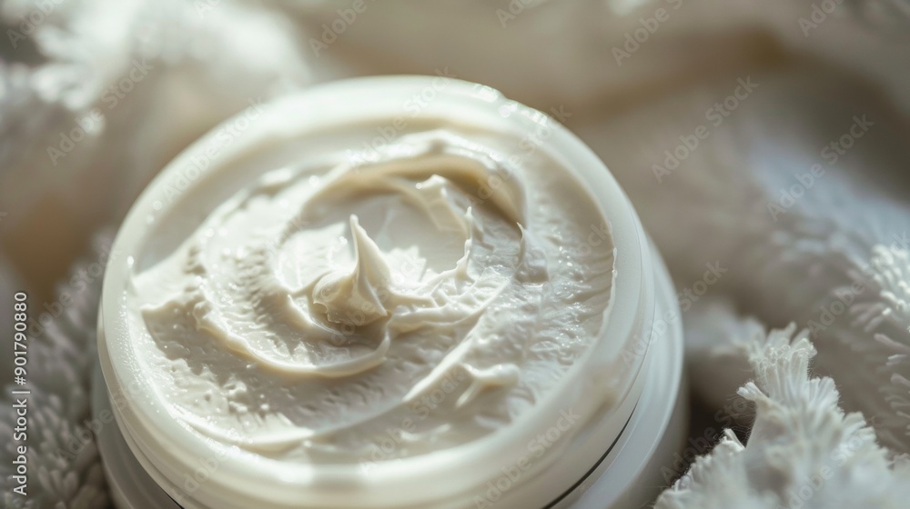 Luxurious creamy lotion in a jar on soft fabric Luxurious creamy lotion in a jar on soft fabric