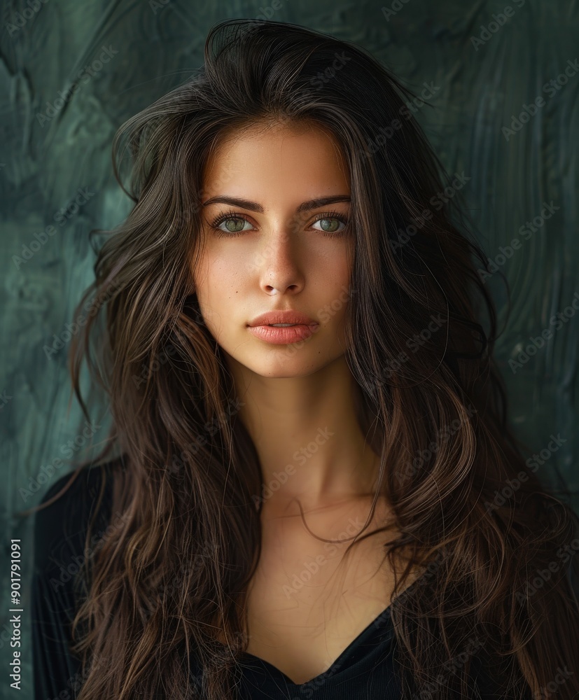 Portrait of a Woman With Long Hair Against a Textured Dark Background Portrait of a Woman With Long Hair Against a Textured Dark Background