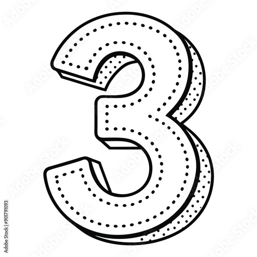 Minimalistic Dotted Outline Number 3 Vector on White Background