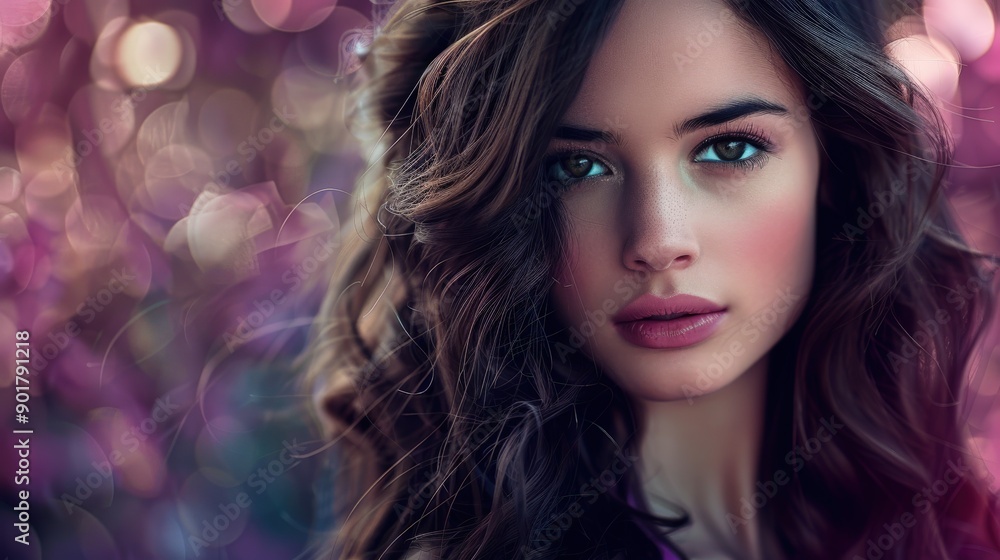 Close-Up Portrait of Young Woman With Curly Hair in a Colorful Background Close-Up Portrait of Young Woman With Curly Hair in a Colorful Background