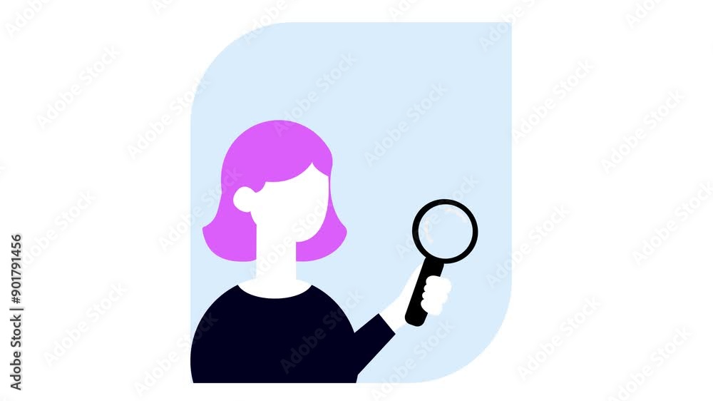 Female character with holding a magnifying glass.Suitable for use in contexts related to research, investigation, search, or discovery themes.2D animation. Female character with holding a magnifying glass.Suitable for use in contexts related to research, investigation, search, or discovery themes.2D animation.