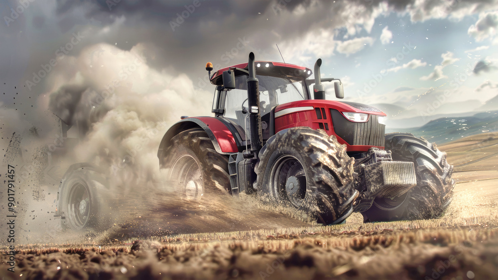A powerful tractor tilts the earth, sending dust clouds billowing into the blue sky, showcasing the busy work of agriculture in a vibrant landscape A powerful tractor tilts the earth, sending dust clouds billowing into the blue sky, showcasing the busy work of agriculture in a vibrant landscape