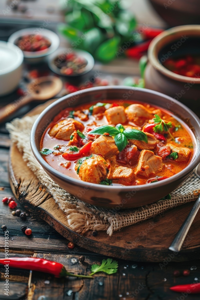 Savory Chicken Curry in Bowl With Fresh Herbs on Rustic Table Savory Chicken Curry in Bowl With Fresh Herbs on Rustic Table