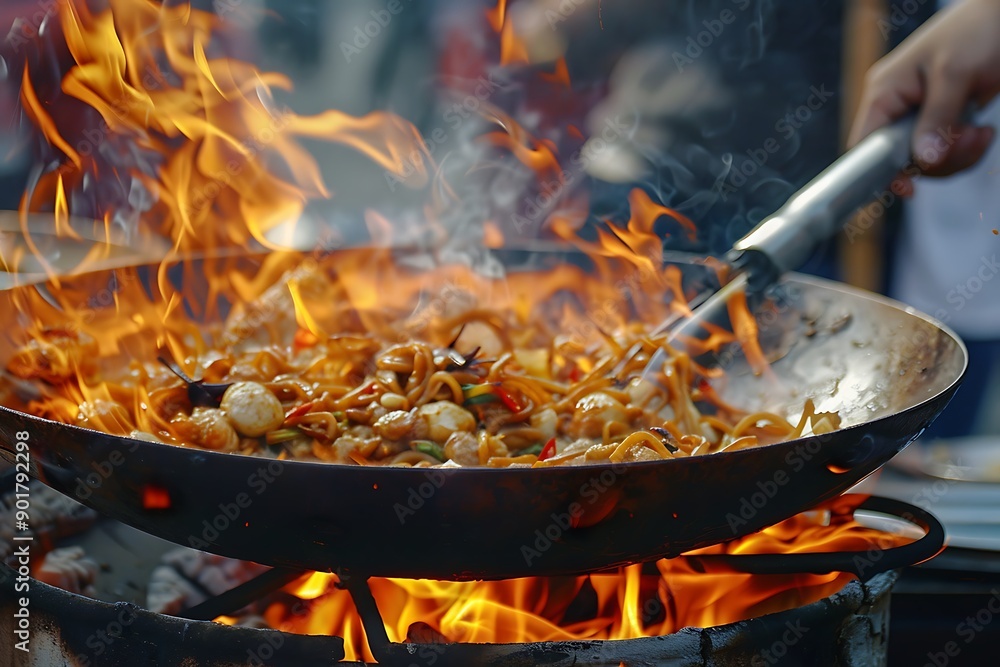 Close-up shot of a person cooking food in an open wok over flames at the Street Food Festival Close-up shot of a person cooking food in an open wok over flames at the Street Food Festival