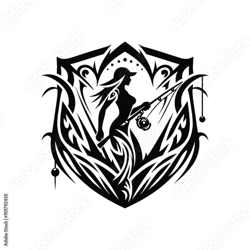 Ice Fishing sport female player with ethnic tribal tattoo, gothic, pattern illustration, emblem shield badge