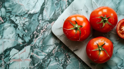 Fresh tomatoes on a marble surface with intricate patterns photo