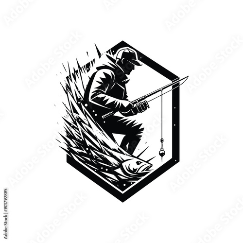 Ice Fishing sport male player with cyberpunk, glitch pattern illustration, emblem shield badge