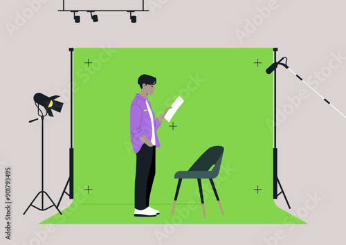 Chroma Key Setup, A poised individual stands in a vibrant green studio, reviewing scripts amidst professional lighting and a simple chair, preparing For Recording Session Under Bright Lights