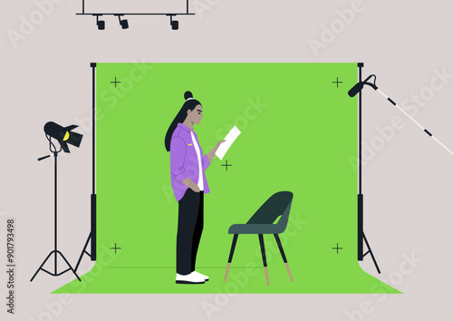 Chroma Key Setup, A poised individual stands in a vibrant green studio, reviewing scripts amidst professional lighting and a simple chair, preparing For Recording Session Under Bright Lights