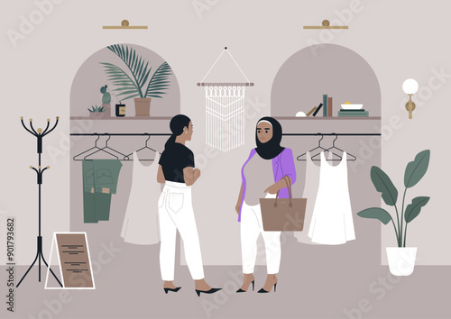 A stylish plus size customer engages with a fashion consultant in a chic boutique filled with elegant clothing and accessories