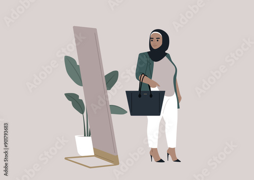 A confident plus size woman stands before a full-length mirror, showcasing her fashionable outfit and elegant handbag against a modern backdrop