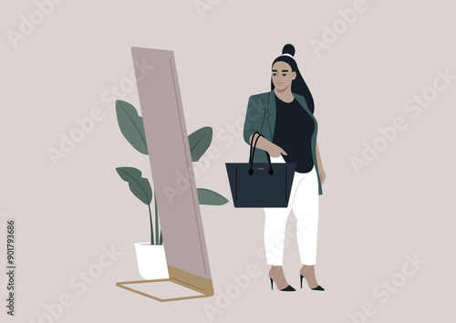 A confident plus size woman stands before a full-length mirror, showcasing her fashionable outfit and elegant handbag against a modern backdrop