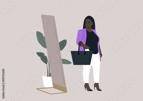 A confident plus size woman stands before a full-length mirror, showcasing her fashionable outfit and elegant handbag against a modern backdrop
