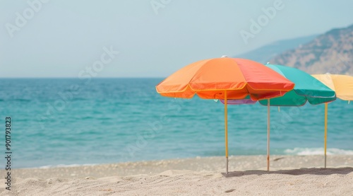 Colorful Beach Umbrellas on Sandy Shore